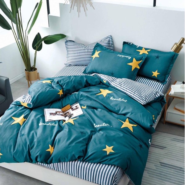 Lenjerie pat dublu (140x200cm, 160x200cm, 180x200cm), bumbac satinat, cearsaf clasic, 4 piese,  Turquoise, stelute [1]