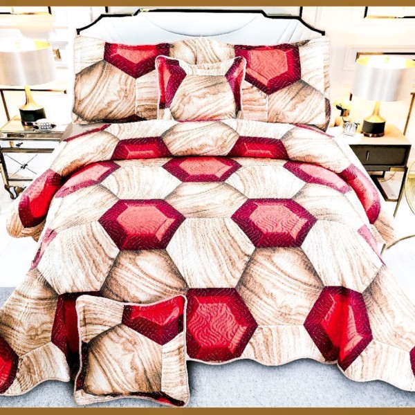 Cuvertura matlasata 230x250cm si 4 fete de perna, Bumbac, Maro, Roșu, hexagoane, fagure [1]