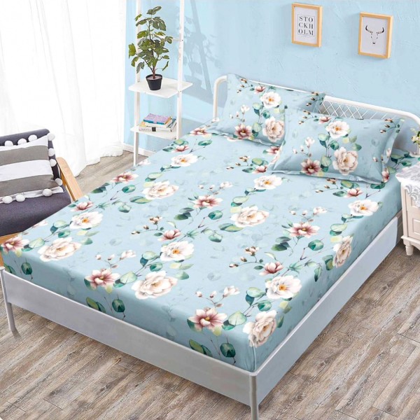 Cearsaf cu elastic, FINET, 160x200cm, 2 fete de perne 50x70cm, Bleu, Flori – confort si eleganta pentru patul tau [1]