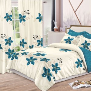 Set Lenjerie pat dublu + 2 draperii, finet, 8 piese, Crem, flori