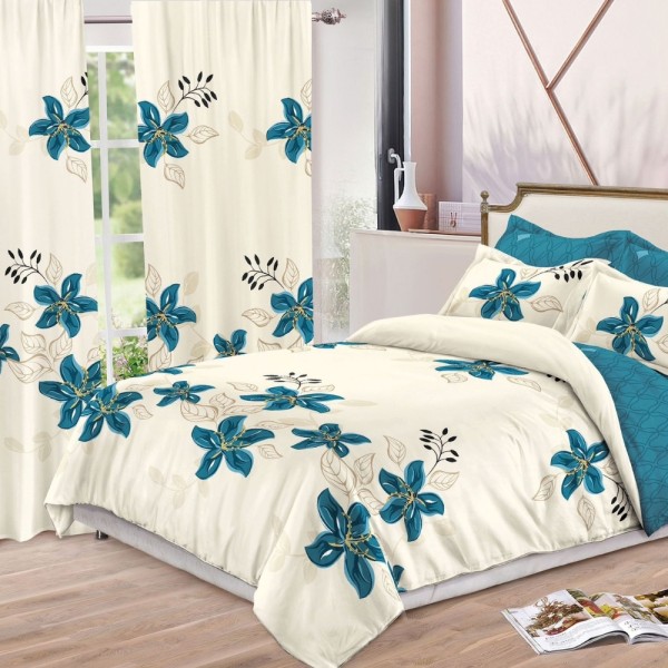 Set Lenjerie pat dublu (140x200cm, 160x200cm, 180x200cm) + 2 draperii, finet, 8 piese, Crem, flori [1]