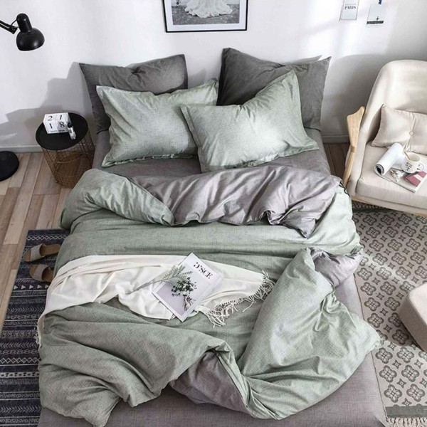 Lenjerie pat dublu cu Elastic (160x200cm si 180x200cm), bumbac satinat, verde, gri [1]