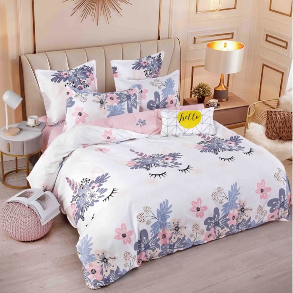 Lenjerie pat 1 PERSOANA,  FINET, 4 piese, Jojo Home, Alb-Roz, unicorni, flori [1]