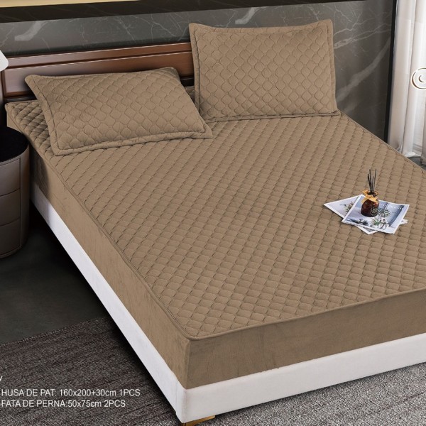 Husă Matlasată Tip Topper din Catifea 160x200cm, cu 2 Fețe de Pernă 50x70cm -  Somn Odihnitor și Susținere pentru Spate, Cappuccino [1]