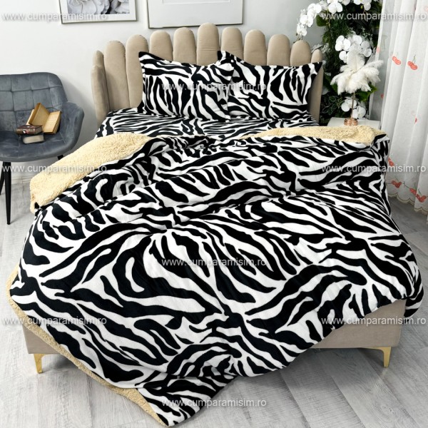 Lenjerie pat dublu, Super Pufoasa COCOLINO cu BLANITA, 4 piese, Alb-Negru, Zebra [1]
