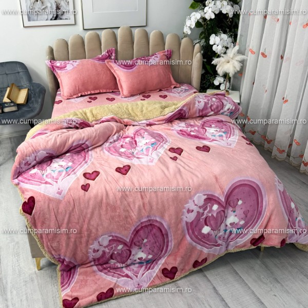 Lenjerie pat dublu, Super Pufoasa COCOLINO cu BLANITA, 4 piese, Roz, inimioare [1]