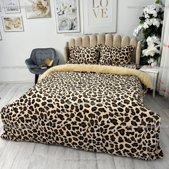 Lenjerie pat dublu, Super Pufoasa COCOLINO cu BLANITA, 4 piese, Bej-Maro, animal print