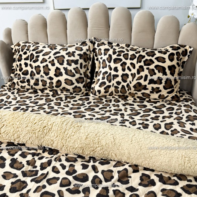 Lenjerie pat dublu, Super Pufoasa COCOLINO cu BLANITA, 4 piese, Bej-Maro, animal print