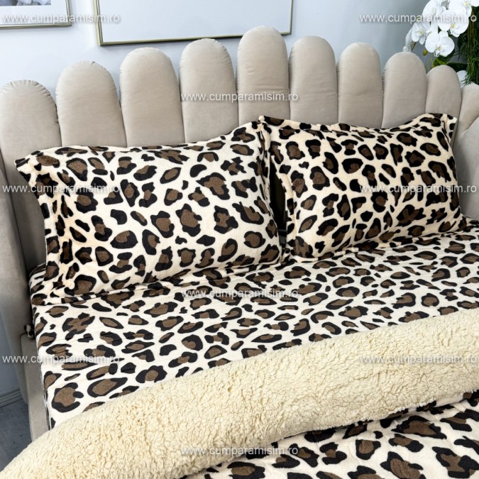 Lenjerie pat dublu, Super Pufoasa COCOLINO cu BLANITA, 4 piese, Bej-Maro, animal print