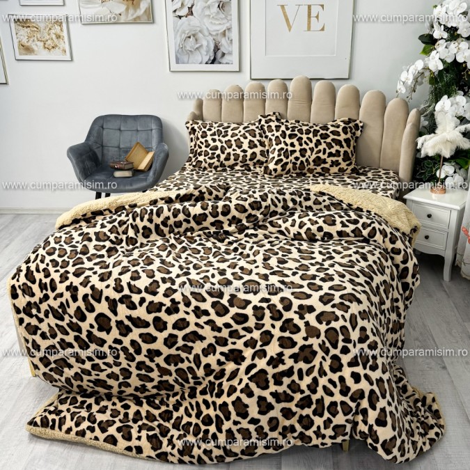 Lenjerie pat dublu, Super Pufoasa COCOLINO cu BLANITA, 4 piese, Bej-Maro, animal print