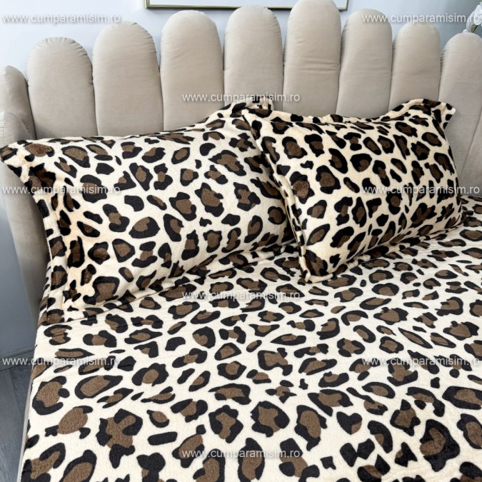 Lenjerie pat dublu, Super Pufoasa COCOLINO cu BLANITA, 4 piese, Bej-Maro, animal print