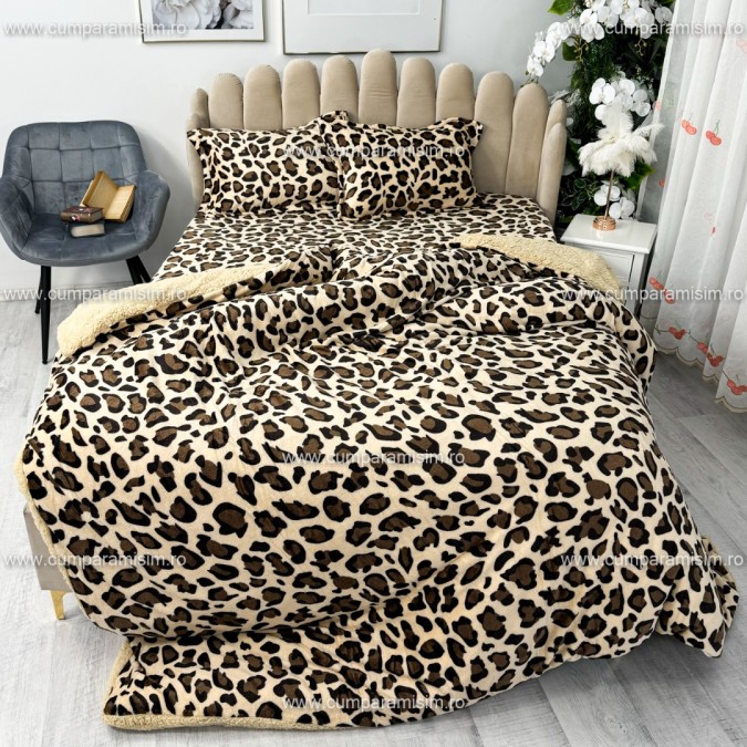 Lenjerie pat dublu Super Pufoasa COCOLINO cu BLANITA 4 piese Bej-Maro animal print