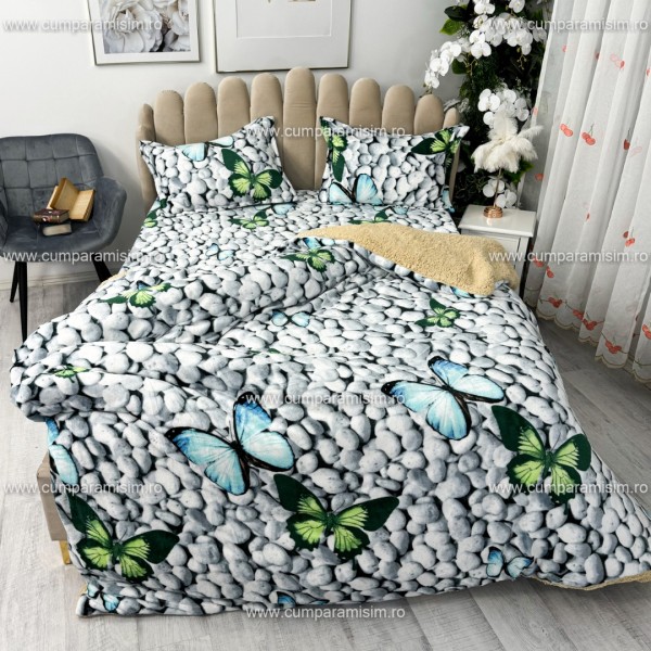 Lenjerie pat dublu, Super Pufoasa COCOLINO cu BLANITA, 4 piese, Gri-Multicolor, fluturi [1]