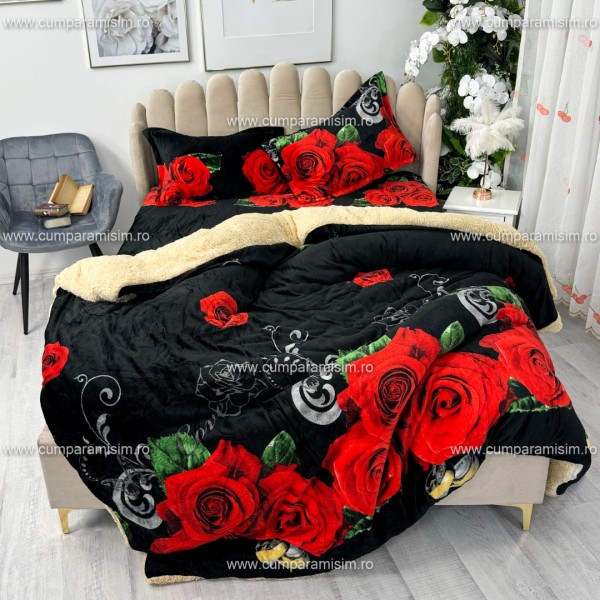 Lenjerie pat dublu, Super Pufoasa COCOLINO cu BLANITA, 4 piese, Negru-Rosu, Trandafiri [1]