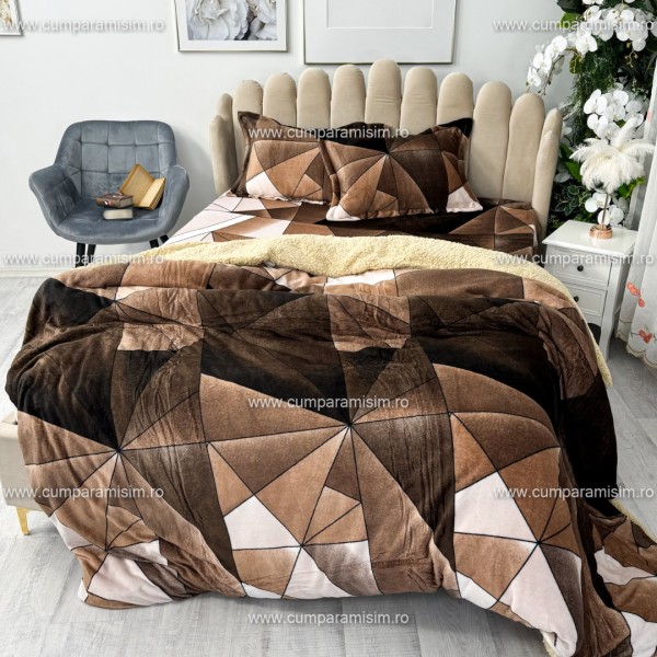 Lenjerie pat dublu, Super Pufoasa COCOLINO cu BLANITA, 4 piese, Maro, forme geometrice [1]