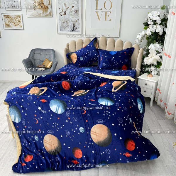 Lenjerie pat dublu, Super Pufoasa COCOLINO cu BLANITA, 4 piese, Bleumarin, planete [1]