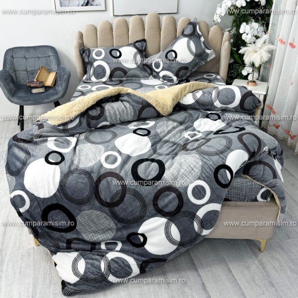 Lenjerie pat dublu, Super Pufoasa COCOLINO cu BLANITA, 4 piese, Gri, cercuri [1]