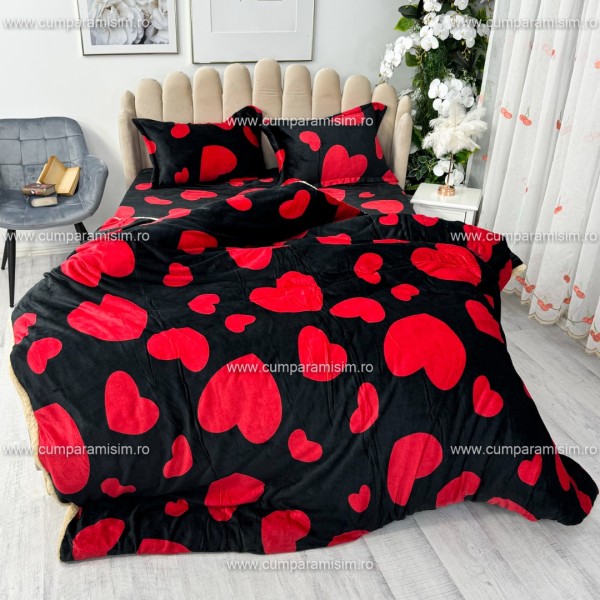 Lenjerie pat dublu, Super Pufoasa COCOLINO cu BLANITA, 4 piese, Negru-Rosu, inimioare [1]