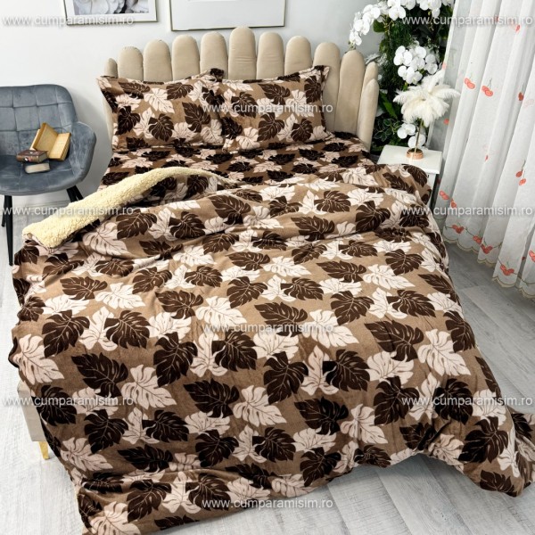 Lenjerie pat dublu, Super Pufoasa COCOLINO cu BLANITA, 4 piese, Maro, frunze de toamna [1]