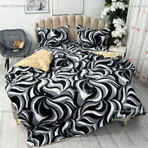 Lenjerie pat dublu cu Elastic, Super Pufoasa COCOLINO cu BLANITA, 4 piese, Gri-Negru, model abstract