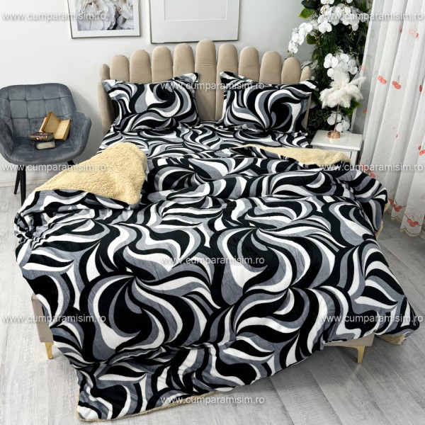 Lenjerie pat dublu, Super Pufoasa COCOLINO cu BLANITA, 4 piese, Gri-Negru, model abstract [1]