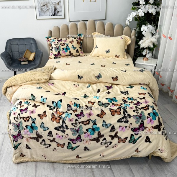 Lenjerie pat dublu, Super Pufoasa COCOLINO cu BLANITA, 4 piese, Crem, fluturi [1]