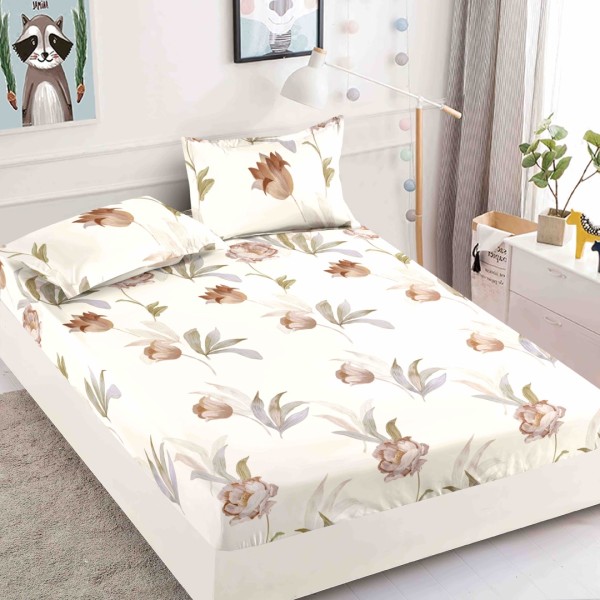 Cearsaf cu elastic, Bumbac FINET, 160/180x200cm, 2 fete de perne 50x70cm, Jojo Home, Bej, flori [1]