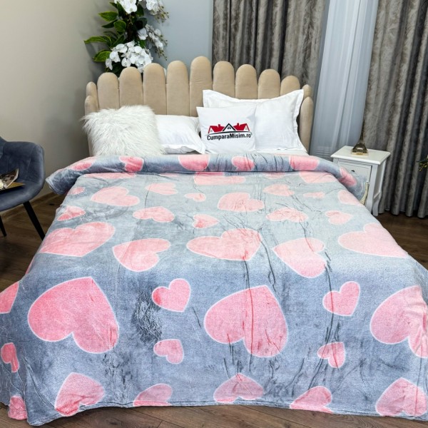 Patura CoCoLiNo Puffy, 200x220cm, Gri, Roz, inimioare [1]