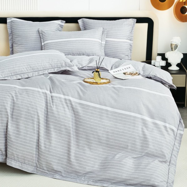 Lenjerie de Pat Dublu, Super Premium,  Finet Ranforsat, 6 Piese, Ambalat în Cutie de Lux, Gri, Alb, dungi [1]