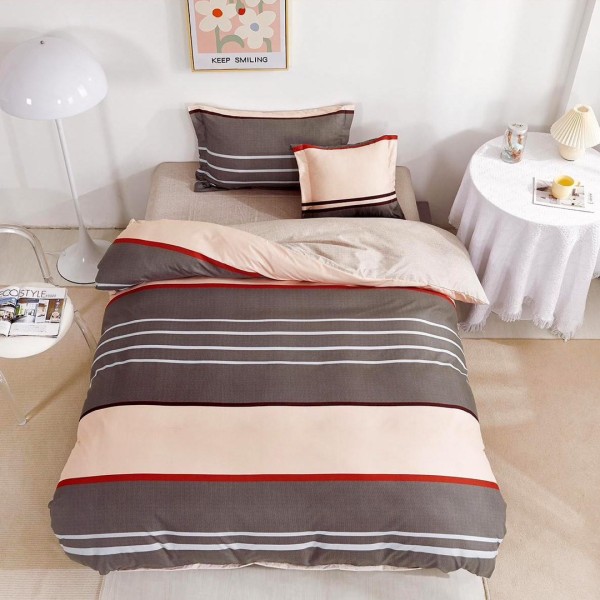 Lenjerie pat 140x200cm,  FINET, 4 piese, cu ELASTIC, Maro, dungi [1]