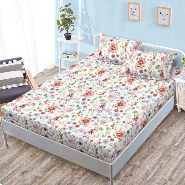 Cearsaf cu elastic, FINET, 160x200cm, 2 fete de perne 50x70cm, Alb, Multicolor, Flori – confort si eleganta pentru patul tau [1]
