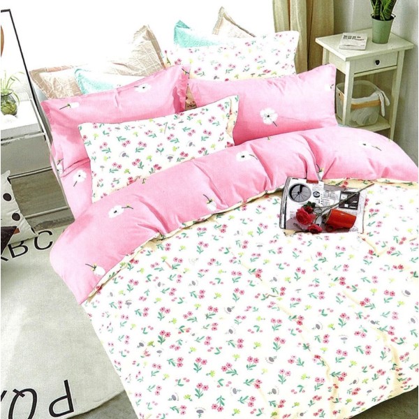 Lenjerie pat dublu,  FINET, 6 piese, Roz, floricele [1]