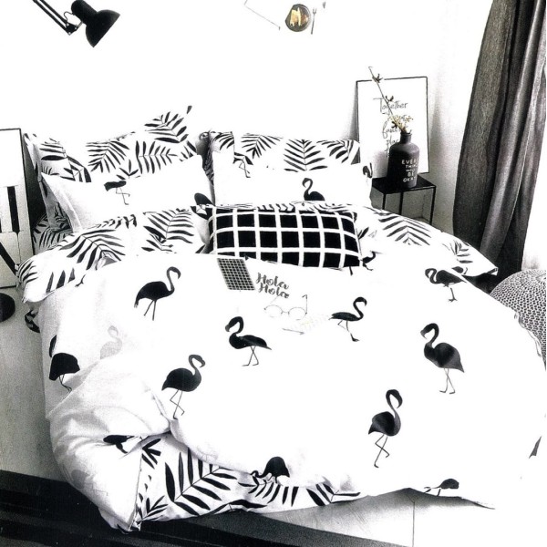 Lenjerie pat dublu,  FINET, 6 piese, Alb-Negru, flamingo [1]