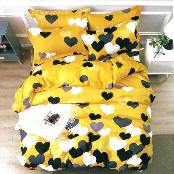 Lenjerie pat dublu,  FINET, 6 piese, Galben, inimioare [1]