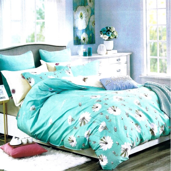 Lenjerie pat dublu,  FINET, 6 piese, Bleu aqua, flori [1]