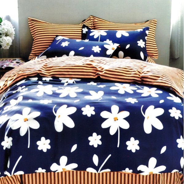 Lenjerie pat dublu,  FINET, 6 piese, Bleumarin, flori [1]