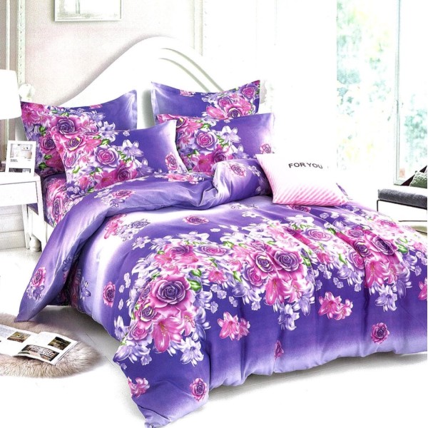 Lenjerie pat dublu,  FINET, 6 piese, Mov, flori [1]