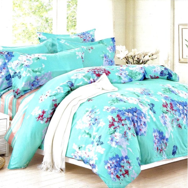 Lenjerie pat dublu,  FINET, 6 piese, Turquoise, flori [1]