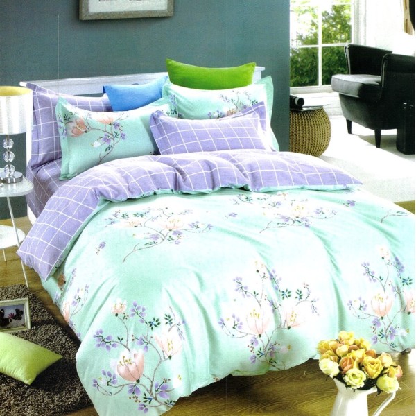 Lenjerie pat dublu,  FINET, 6 piese, Bleu, flori [1]