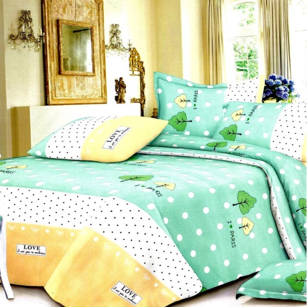 Lenjerie pat dublu,  FINET, 6 piese, Verde, frunze, buline [1]