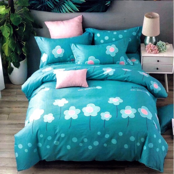 Lenjerie pat dublu,  FINET, 6 piese, Turquoise, flori [1]