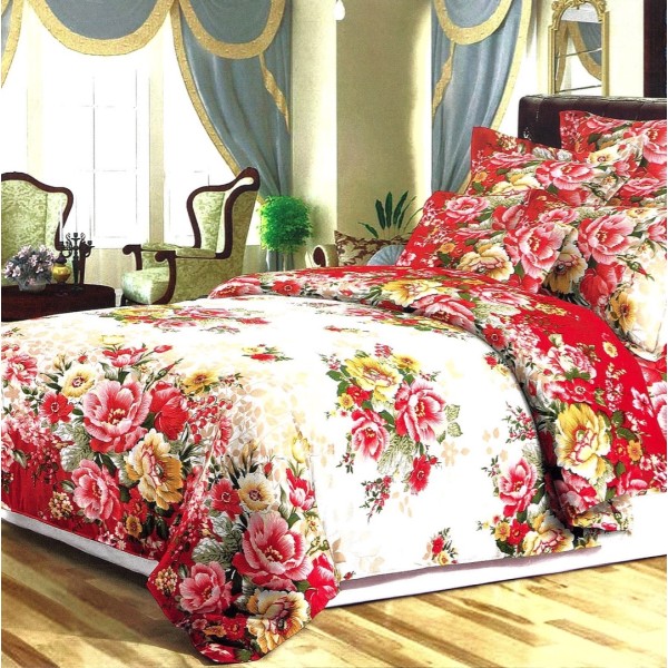 Lenjerie pat dublu,  FINET, 6 piese, Rosu, flori [1]
