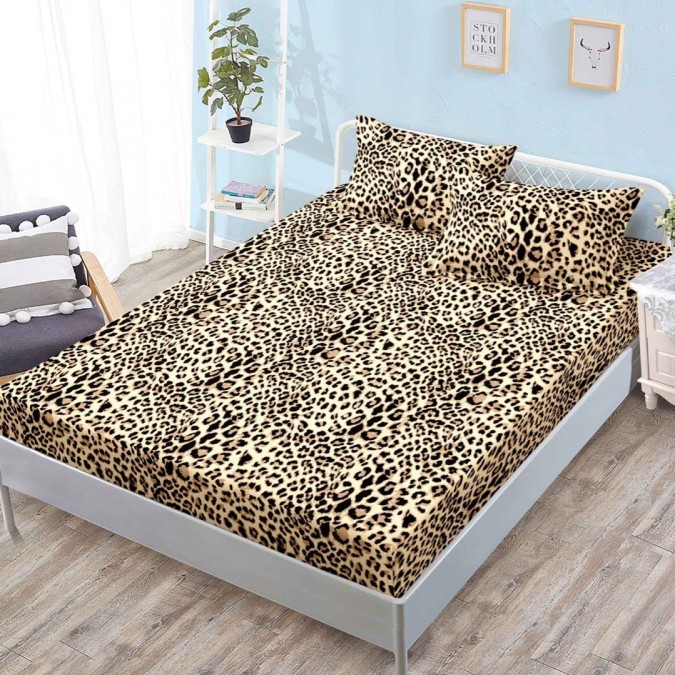 Cearsaf cu elastic, Bumbac FINET, 160x200cm, 2 fete de perne 50x70cm, Maro, animal print