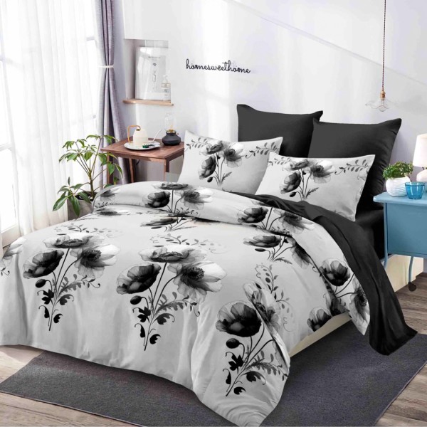 Lenjerie Pat Dublu,  FINET, 6 piese, Gri, Negru, Maci [1]