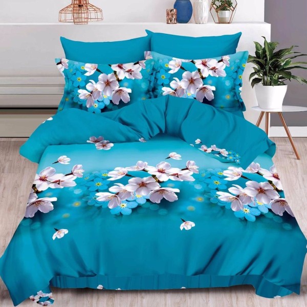 Lenjerie pat dublu, 6 PIESE, IMPRIMEU 3D Multiplicat, Albastru, flori de cires [1]