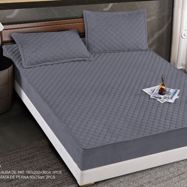 Husă Matlasată Tip Topper din Catifea 160x200cm, cu 2 Fețe de Pernă 50x70cm -  Somn Odihnitor și Susținere pentru Spate, Gri inchis [1]