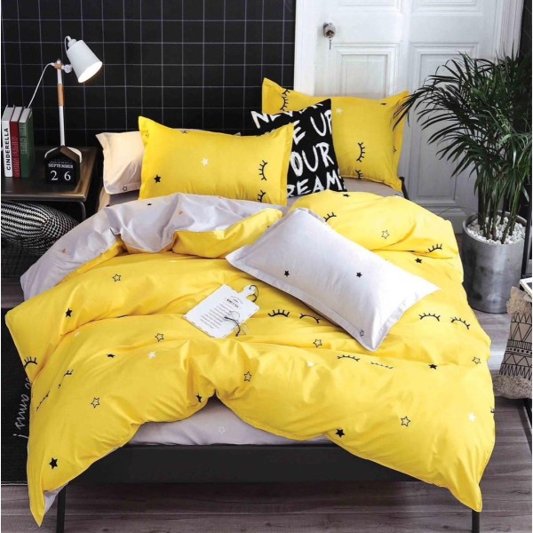 Lenjerie pat 140x200cm,  FINET, 4 piese, cu ELASTIC, Galben, gene, stelute [1]