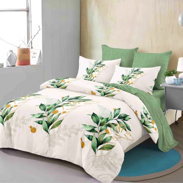 Lenjerie Pat Dublu,  FINET, 6 piese, Alb, Verde, Frunze [1]