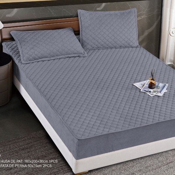 Husă Matlasată Tip Topper din Catifea 160x200cm, cu 2 Fețe de Pernă 50x70cm -  Somn Odihnitor și Susținere pentru Spate, Gri mediu [1]