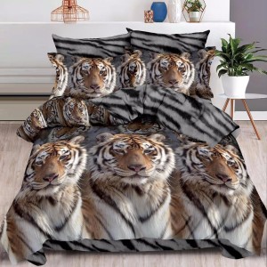 Lenjerie pat dublu cu ELASTIC, Finet, 6 piese, Gri-Maro, tigri
